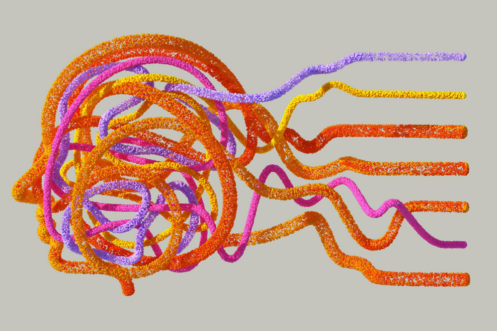 Image: an illustration of a head full of colorful, tangled threads which spill out the back of the head into organized, linear strands.