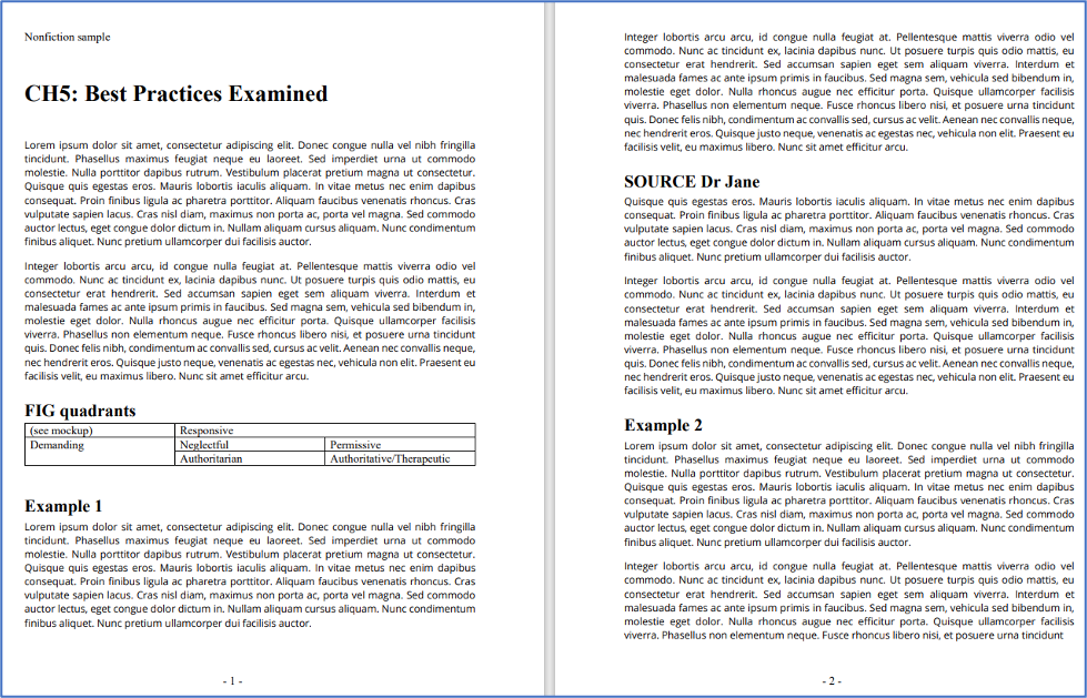 A sample spread from a nonfiction book manuscript showing use of Heading tags. The chapter title has Heading 1 format (commonly abbreviated as H1) applied, which makes it appear bolded and largest of all the text. Subsections of the chapter's text, shown here as "Example 1" and "Example 2" have the Heading 2 format (commonly abbreviated as H2) applied, which makes them bold and larger than body text, but smaller than the H1 chapter title.