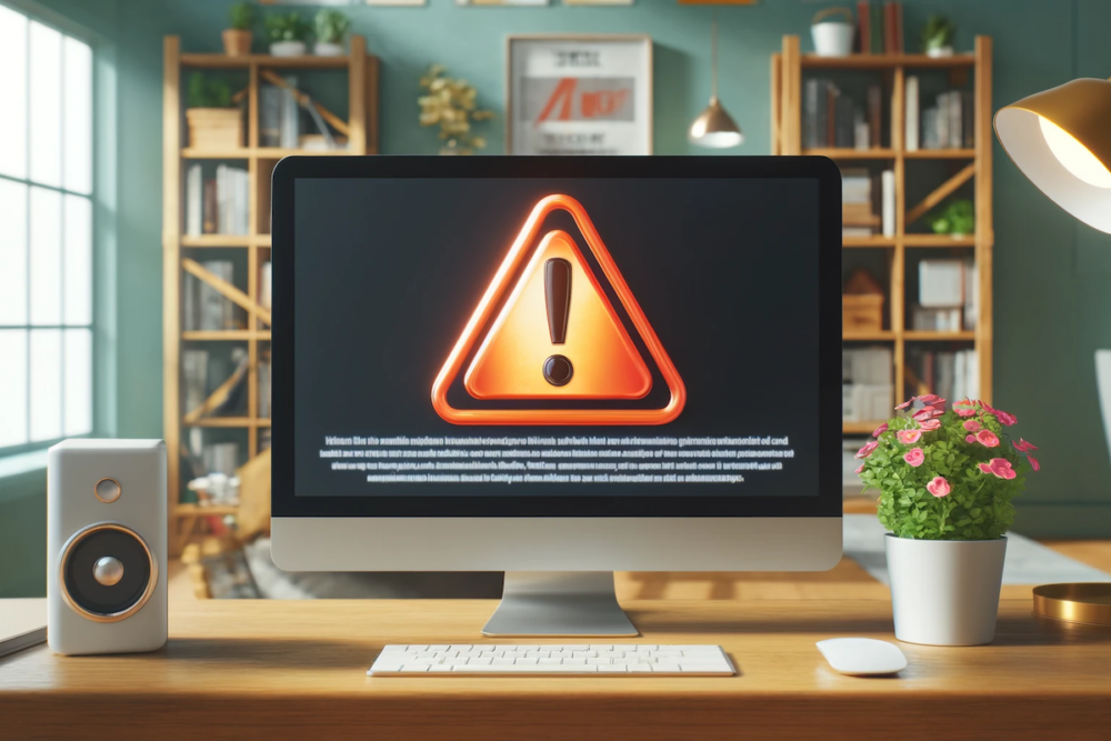 Image: a large icon of an exclamation point in an orange triangle, indicating 'warning', appears on a computer screen.