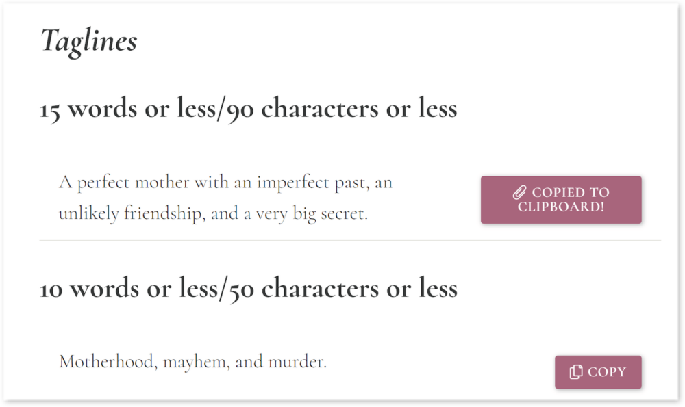Screenshot of a section labeled “Taglines”. One version, titled “15 words or less / 90 characters or less” is accompanied by the text “A perfect mother with an imperfect past, an unlikely friendship, and a very big secret.” To the right is a button indicating that the text has just been copied to the user’s clipboard. Beneath is a second version titled “10 words or less / 50 characters or less” accompanied by the text “Motherhood, mayhem, and murder.” To the right is a button allowing the user to copy the text to the clipboard.