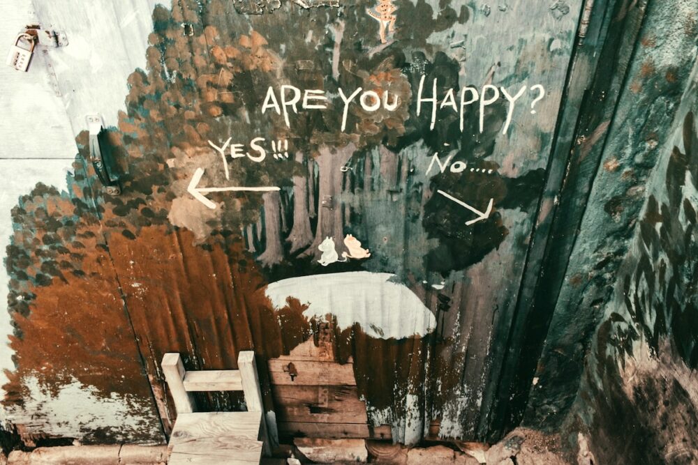 Image: mural painted on the exterior of a shed door, of two cartoon characters sitting against the base of a tree next to a lake in a forest. Over the scene are painted the words "Are you happy?" and underneath are the word "Yes!!!" accompanied by an arrow pointing to the left and "No…" accompanied by an arrow pointing to the right.