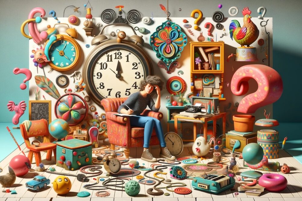 Image: a writer sits in a chair, struggling to concentrate amid a wild array of confusing, colorful objects.