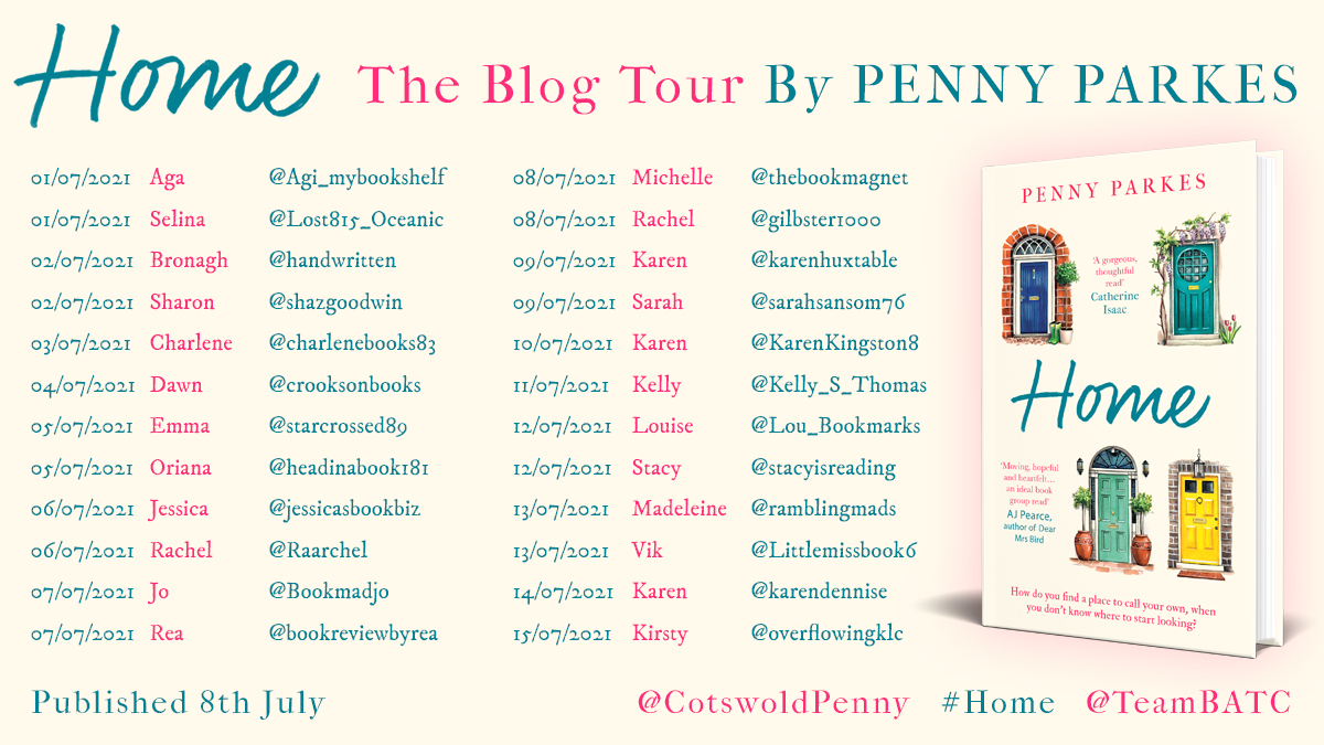 Home by Penny Parkes blog tour banner listing names of blogs taking part in blog tour
